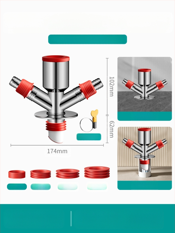 Trys galvos nuotekų T jungtis skalbimo mašinai — ABS + silikonas, elektroplatintos apdailos, universalus jungtis, prieš kvapus