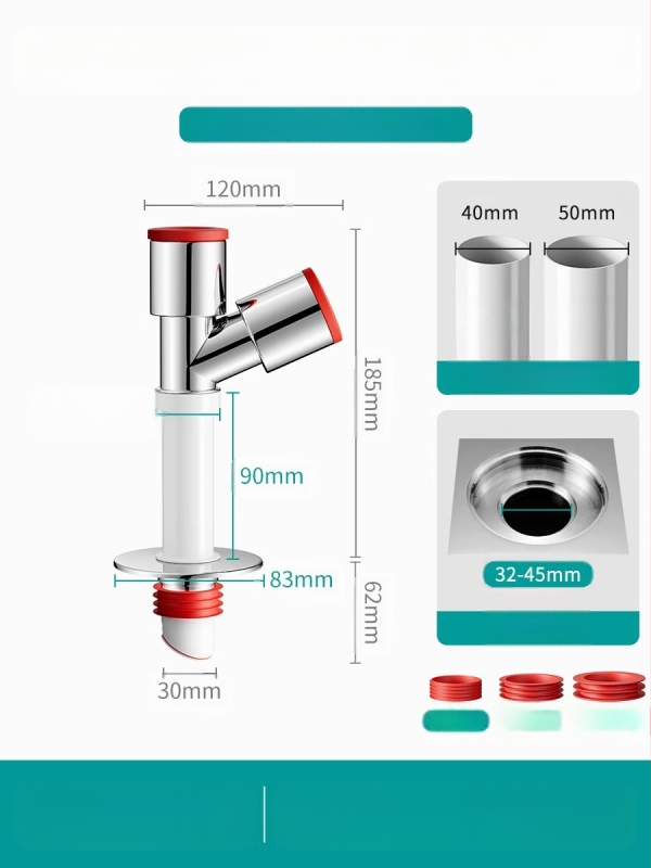 Trys galvos nuotekų T jungtis skalbimo mašinai — ABS + silikonas, elektroplatintos apdailos, universalus jungtis, prieš kvapus