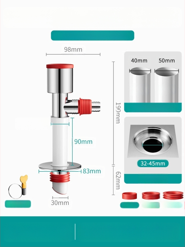 Trys galvos nuotekų T jungtis skalbimo mašinai — ABS + silikonas, elektroplatintos apdailos, universalus jungtis, prieš kvapus