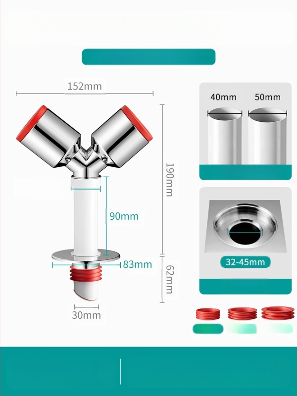 Trys galvos nuotekų T jungtis skalbimo mašinai — ABS + silikonas, elektroplatintos apdailos, universalus jungtis, prieš kvapus