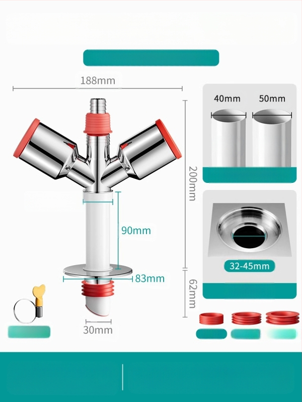 Trys galvos nuotekų T jungtis skalbimo mašinai — ABS + silikonas, elektroplatintos apdailos, universalus jungtis, prieš kvapus