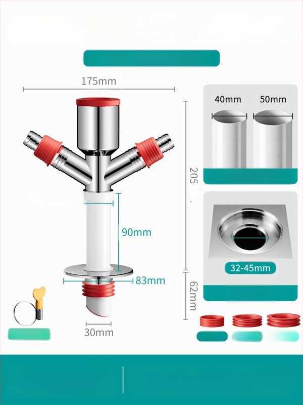 Trys galvos nuotekų T jungtis skalbimo mašinai — ABS + silikonas, elektroplatintos apdailos, universalus jungtis, prieš kvapus