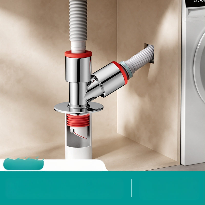 Trys galvos nuotekų T jungtis skalbimo mašinai — ABS + silikonas, elektroplatintos apdailos, universalus jungtis, prieš kvapus