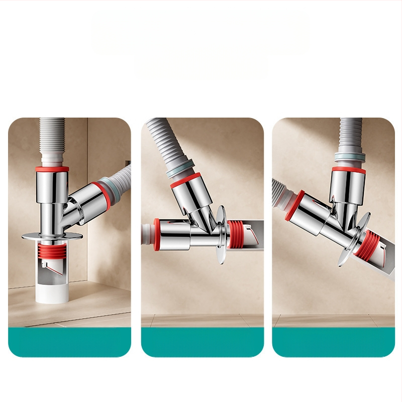 Trys galvos nuotekų T jungtis skalbimo mašinai — ABS + silikonas, elektroplatintos apdailos, universalus jungtis, prieš kvapus