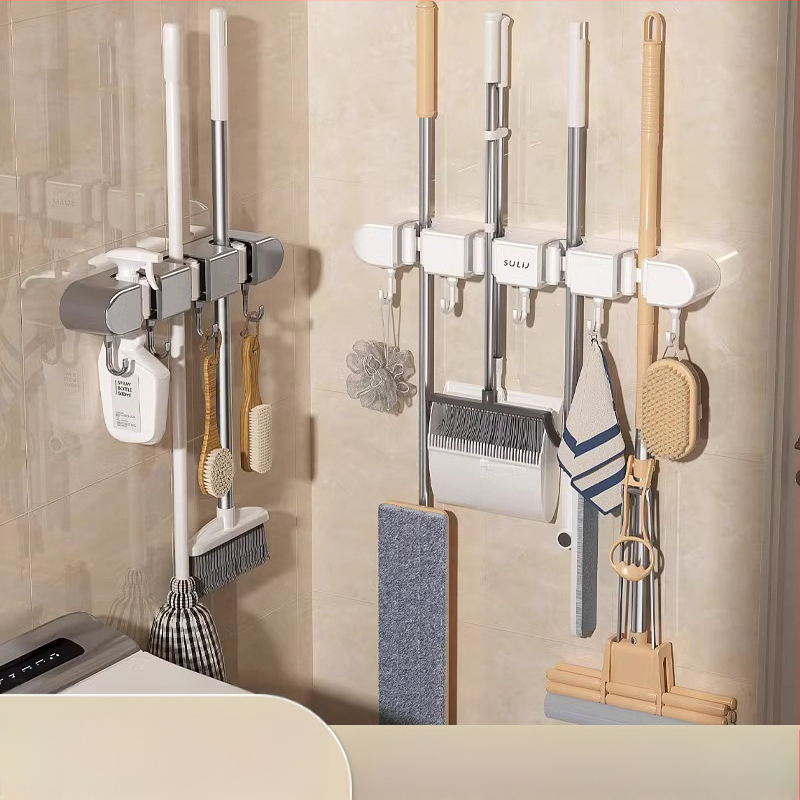 Sienas turētājs mopam un slotai ar skavām, plastmasa, 270 g, injekcijas formēšana, pieejams luksusa stils