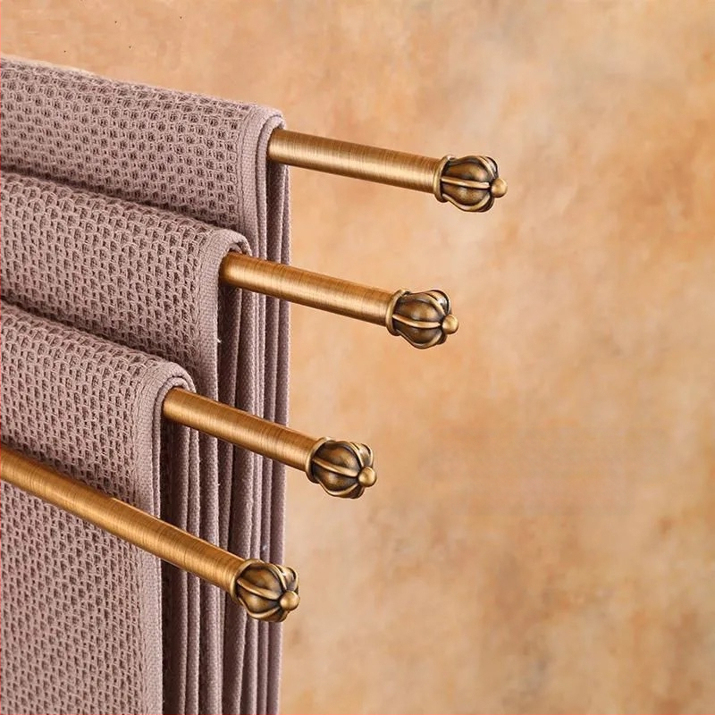 Antik stílusú törölközőtartó fúrás nélküli rögzítéssel, európai fürdőszobai kiegészítő, fogkefés pohártartó, forgó, összecsukható törölközőrúd; alumíniumötvözet; teherbírás 20 kg; többszintű kialítás; modern minimalista stílus.