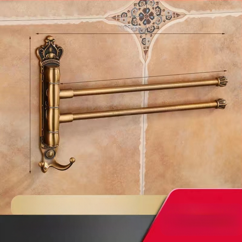 Antik stílusú törölközőtartó fúrás nélküli rögzítéssel, európai fürdőszobai kiegészítő, fogkefés pohártartó, forgó, összecsukható törölközőrúd; alumíniumötvözet; teherbírás 20 kg; többszintű kialítás; modern minimalista stílus.