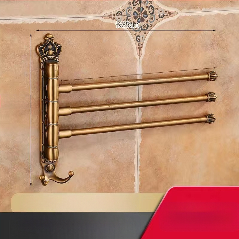 Antik stílusú törölközőtartó fúrás nélküli rögzítéssel, európai fürdőszobai kiegészítő, fogkefés pohártartó, forgó, összecsukható törölközőrúd; alumíniumötvözet; teherbírás 20 kg; többszintű kialítás; modern minimalista stílus.