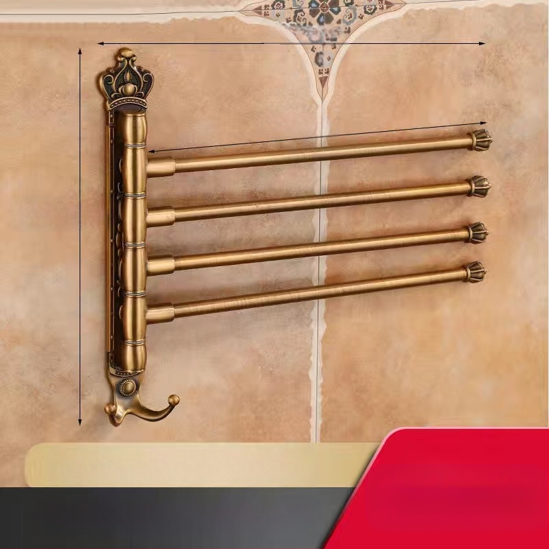 Antik stílusú törölközőtartó fúrás nélküli rögzítéssel, európai fürdőszobai kiegészítő, fogkefés pohártartó, forgó, összecsukható törölközőrúd; alumíniumötvözet; teherbírás 20 kg; többszintű kialítás; modern minimalista stílus.