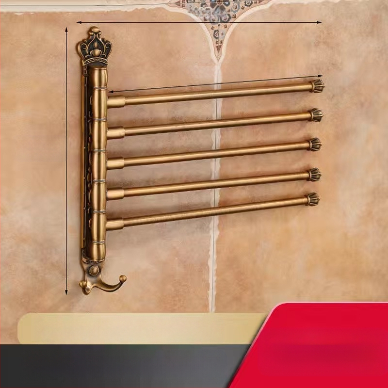 Antik stílusú törölközőtartó fúrás nélküli rögzítéssel, európai fürdőszobai kiegészítő, fogkefés pohártartó, forgó, összecsukható törölközőrúd; alumíniumötvözet; teherbírás 20 kg; többszintű kialítás; modern minimalista stílus.