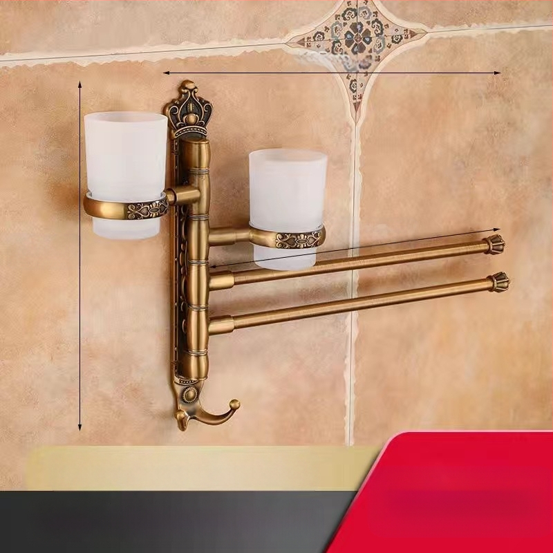Antik stílusú törölközőtartó fúrás nélküli rögzítéssel, európai fürdőszobai kiegészítő, fogkefés pohártartó, forgó, összecsukható törölközőrúd; alumíniumötvözet; teherbírás 20 kg; többszintű kialítás; modern minimalista stílus.