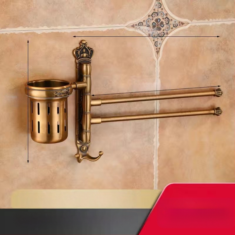 Antik stílusú törölközőtartó fúrás nélküli rögzítéssel, európai fürdőszobai kiegészítő, fogkefés pohártartó, forgó, összecsukható törölközőrúd; alumíniumötvözet; teherbírás 20 kg; többszintű kialítás; modern minimalista stílus.