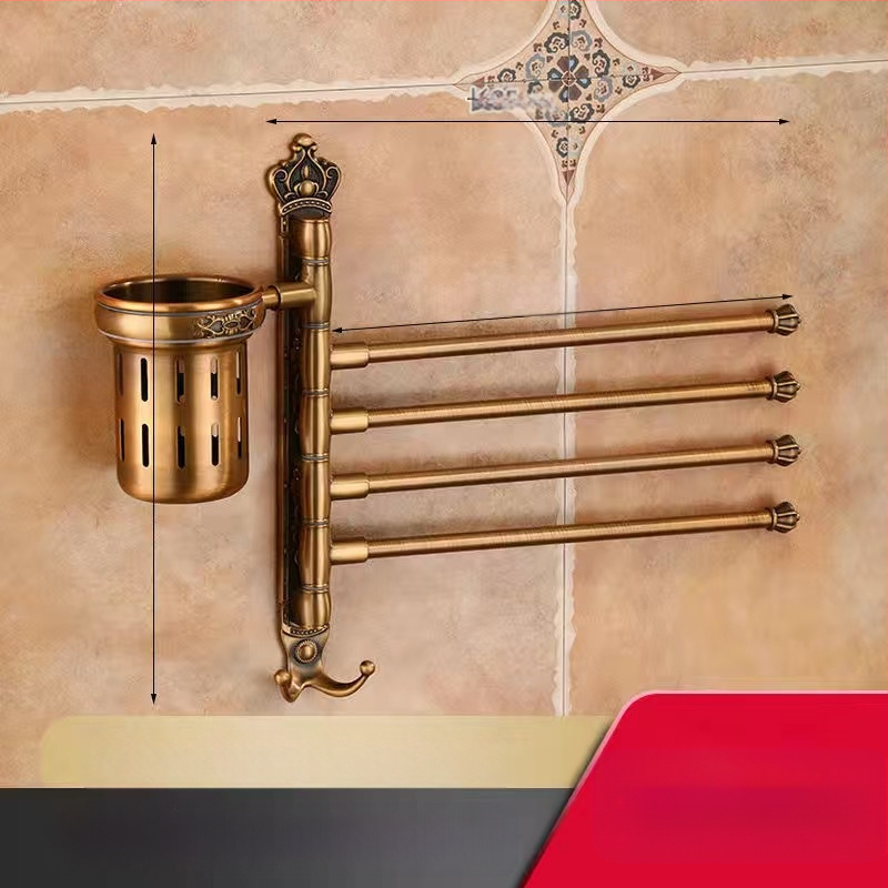 Antik stílusú törölközőtartó fúrás nélküli rögzítéssel, európai fürdőszobai kiegészítő, fogkefés pohártartó, forgó, összecsukható törölközőrúd; alumíniumötvözet; teherbírás 20 kg; többszintű kialítás; modern minimalista stílus.