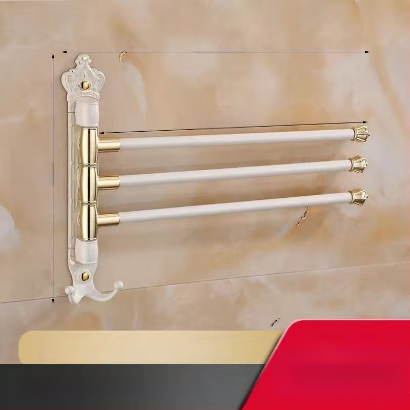 Antik stílusú törölközőtartó fúrás nélküli rögzítéssel, európai fürdőszobai kiegészítő, fogkefés pohártartó, forgó, összecsukható törölközőrúd; alumíniumötvözet; teherbírás 20 kg; többszintű kialítás; modern minimalista stílus.