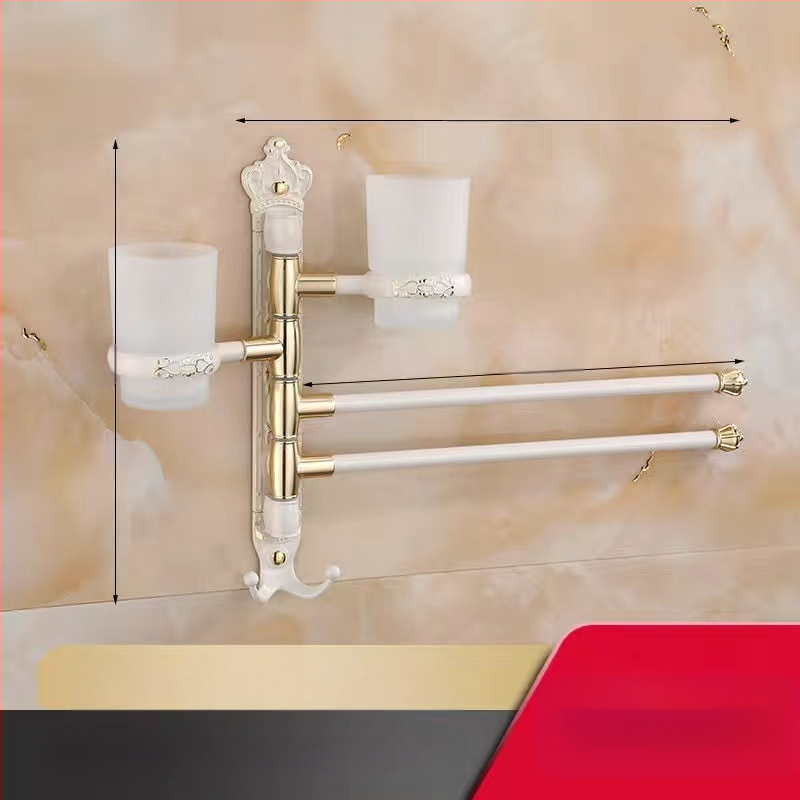 Antik stílusú törölközőtartó fúrás nélküli rögzítéssel, európai fürdőszobai kiegészítő, fogkefés pohártartó, forgó, összecsukható törölközőrúd; alumíniumötvözet; teherbírás 20 kg; többszintű kialítás; modern minimalista stílus.