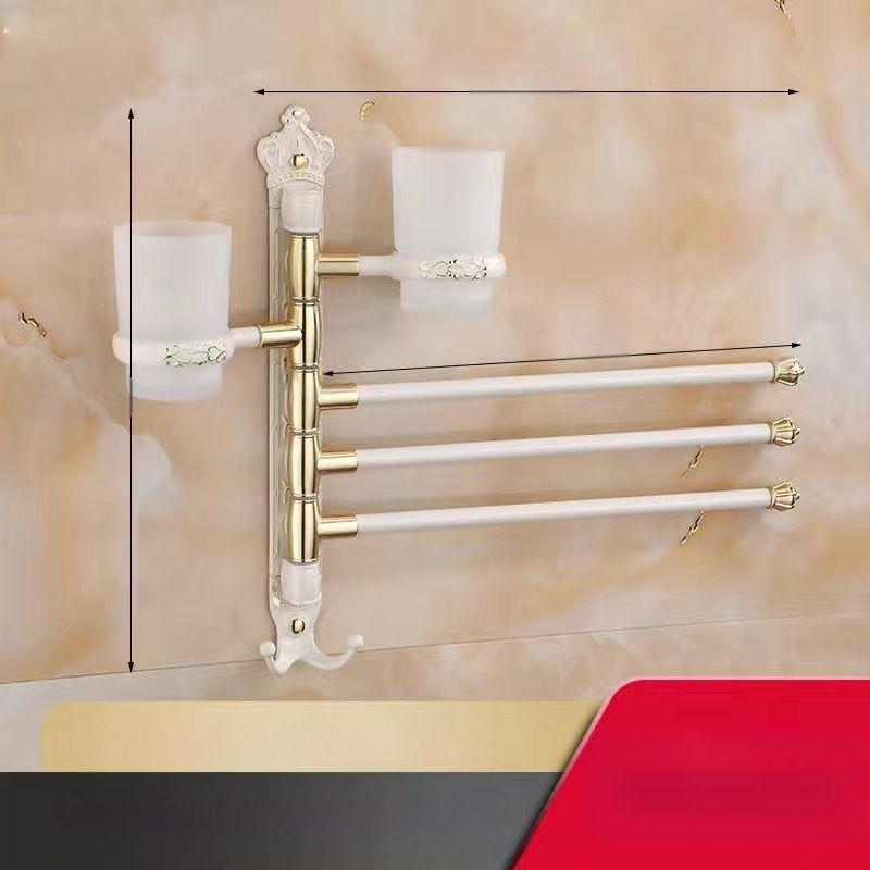 Antik stílusú törölközőtartó fúrás nélküli rögzítéssel, európai fürdőszobai kiegészítő, fogkefés pohártartó, forgó, összecsukható törölközőrúd; alumíniumötvözet; teherbírás 20 kg; többszintű kialítás; modern minimalista stílus.