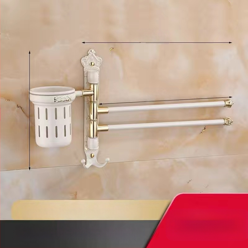 Antik stílusú törölközőtartó fúrás nélküli rögzítéssel, európai fürdőszobai kiegészítő, fogkefés pohártartó, forgó, összecsukható törölközőrúd; alumíniumötvözet; teherbírás 20 kg; többszintű kialítás; modern minimalista stílus.