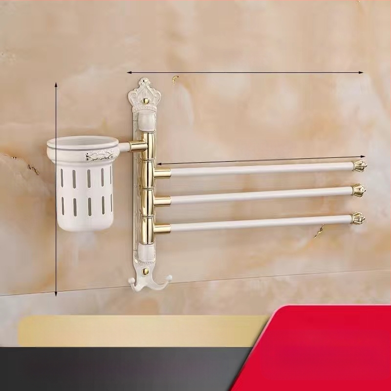 Antik stílusú törölközőtartó fúrás nélküli rögzítéssel, európai fürdőszobai kiegészítő, fogkefés pohártartó, forgó, összecsukható törölközőrúd; alumíniumötvözet; teherbírás 20 kg; többszintű kialítás; modern minimalista stílus.