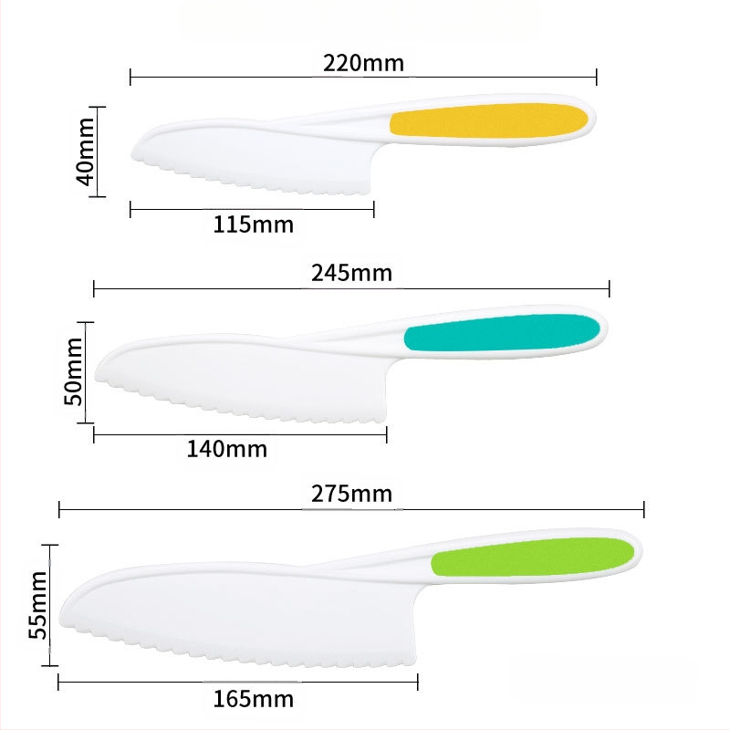 Детски пластмасов комплект ножове за плодове и зеленчуци с вълнообразна режеща част, обелка и форма за бисквитки — PP+TPR, режеща част 16.5 cm, обща дължина 27.5 cm, инжекционно формована