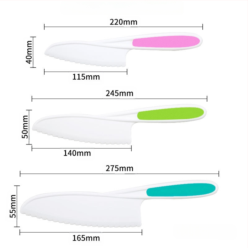 Детски пластмасов комплект ножове за плодове и зеленчуци с вълнообразна режеща част, обелка и форма за бисквитки — PP+TPR, режеща част 16.5 cm, обща дължина 27.5 cm, инжекционно формована