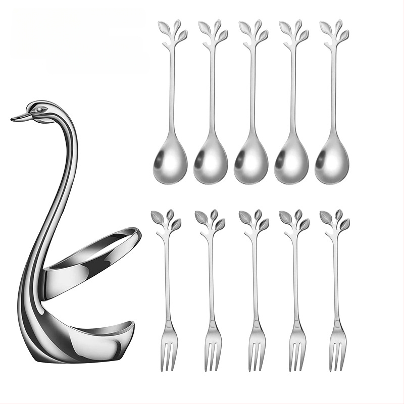 Rozsdamentes acél desszertkanál és gyümölcs villa készlet, könnyű luxus stílus, egyszínű mintázat, tükörfényes felület