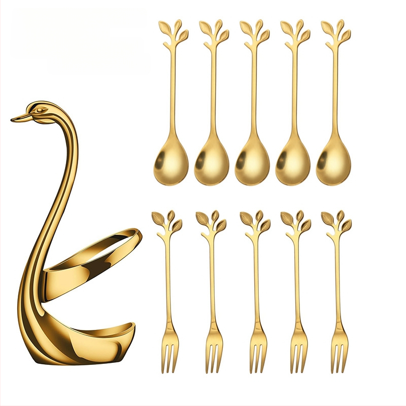 Rozsdamentes acél desszertkanál és gyümölcs villa készlet, könnyű luxus stílus, egyszínű mintázat, tükörfényes felület