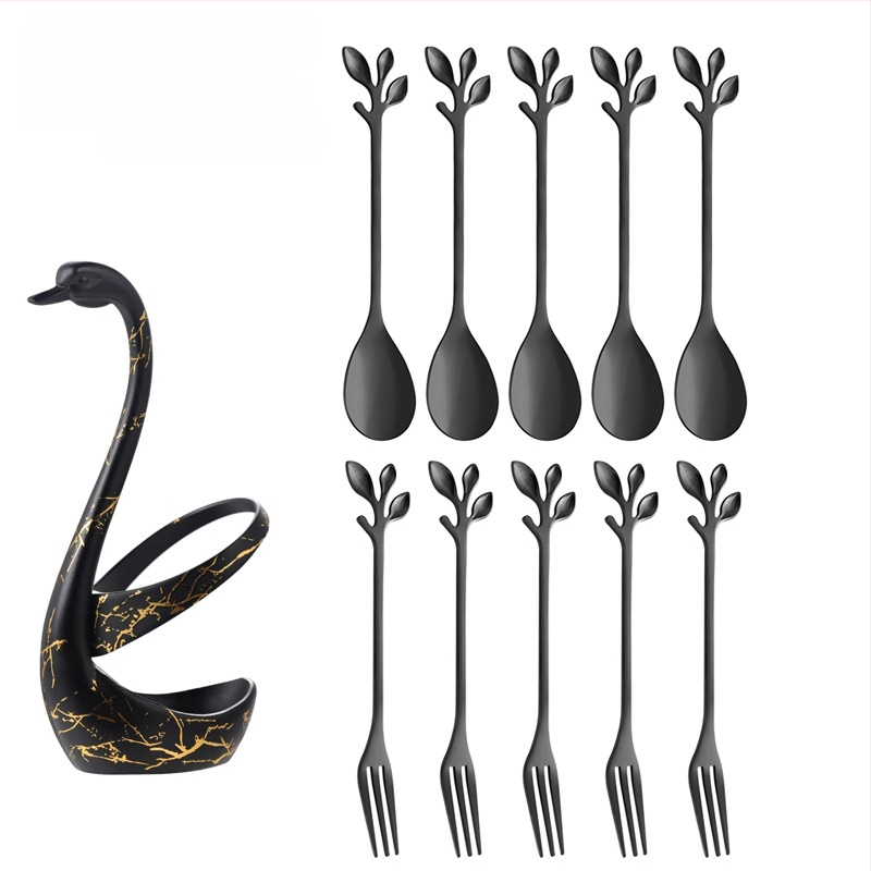 Rozsdamentes acél desszertkanál és gyümölcs villa készlet, könnyű luxus stílus, egyszínű mintázat, tükörfényes felület