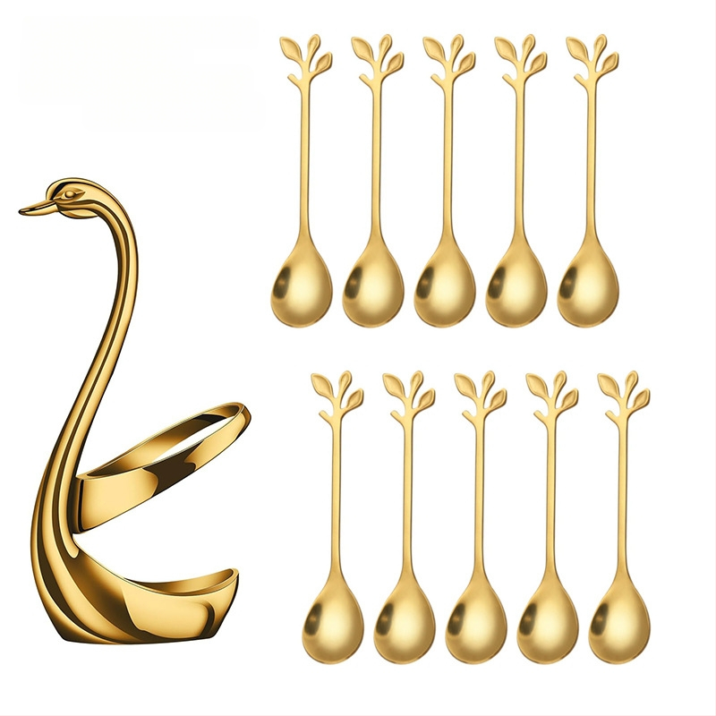 Rozsdamentes acél desszertkanál és gyümölcs villa készlet, könnyű luxus stílus, egyszínű mintázat, tükörfényes felület