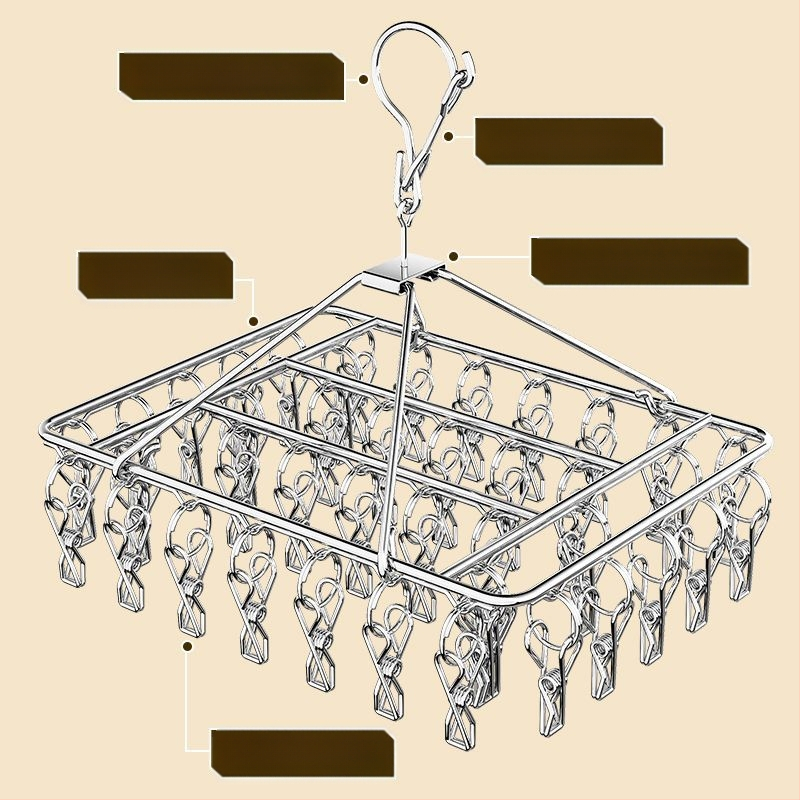 Nerūdijančio plieno drabužių džiovyklė su 3 klipais, kelių eilių kabliukai, šiuolaikiškas minimalistinis dizainas, apkrova iki 5 kg