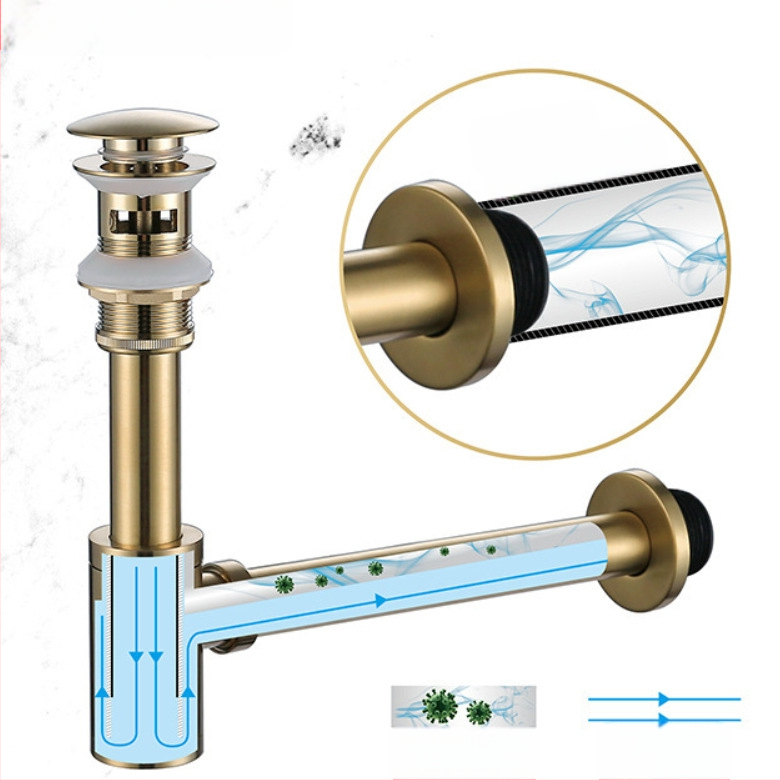 Αποχέτευση νεροχύτη από χαλκό, τοποθετούμενη στον τοίχο, με προστασία από οσμές (Μοντέλο: Water drain; Μάρκα: Goldsmiths; Στυλ: Light Luxury)