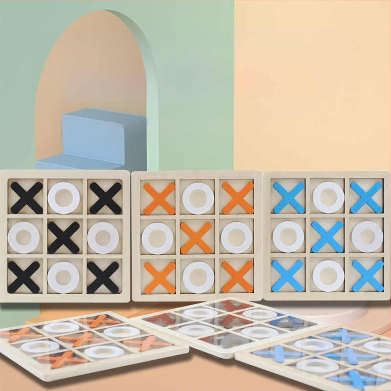 Дървена XO дъска с девет квадрата — Родителско-детска логическа игра за деца (4–14 г.), интелектуално развитие и координация ръка-око