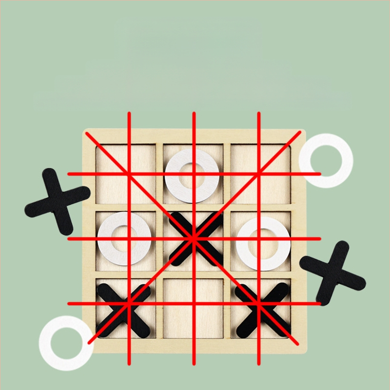 Дървена XO дъска с девет квадрата — Родителско-детска логическа игра за деца (4–14 г.), интелектуално развитие и координация ръка-око