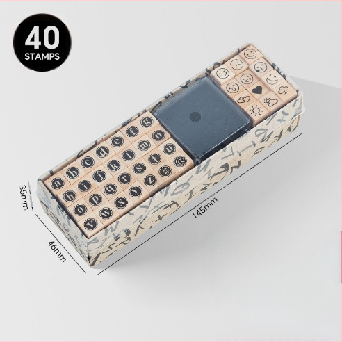 Дървен комплект печати за DIY дневник – 40 броя, 8 дизайна, печати за букви и цифри