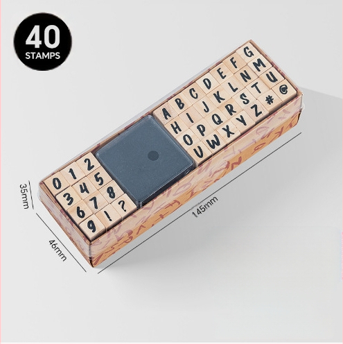 Дървен комплект печати за DIY дневник – 40 броя, 8 дизайна, печати за букви и цифри