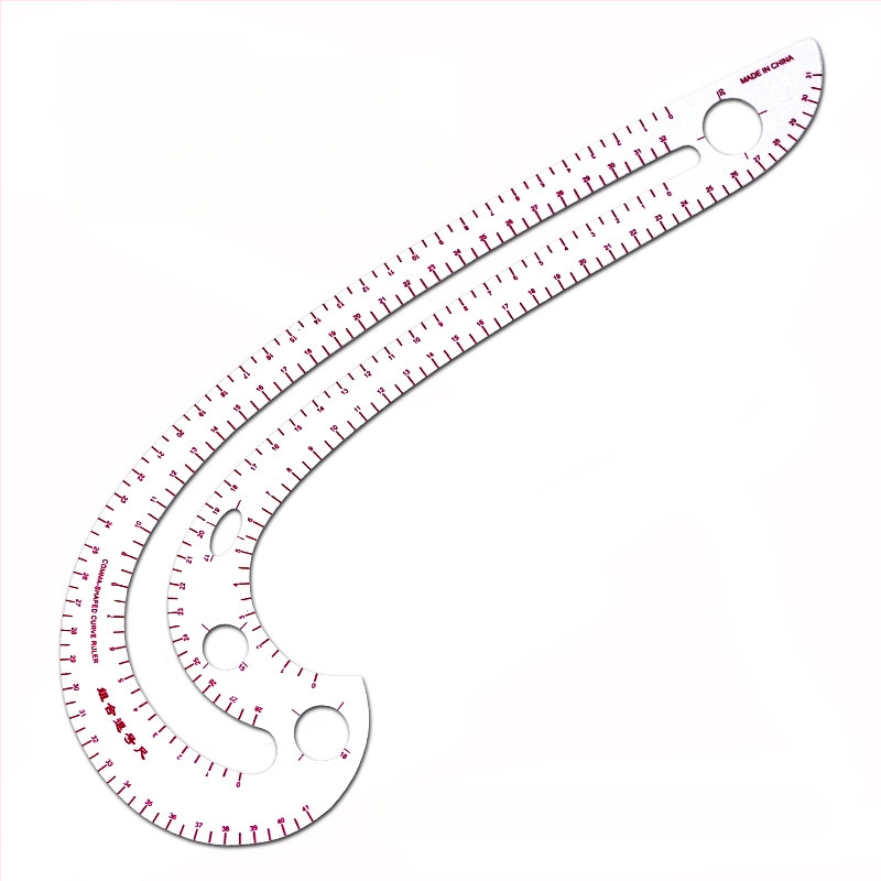 Комплект чертожни линейки за облекло с вградена скала, пластмасов корпус, L-образна правоъгълна плоча и криви за моделиране