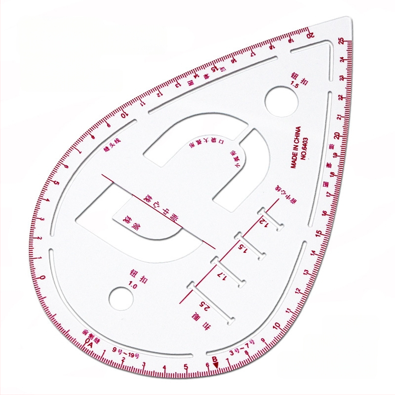 Комплект чертожни линейки за облекло с вградена скала, пластмасов корпус, L-образна правоъгълна плоча и криви за моделиране