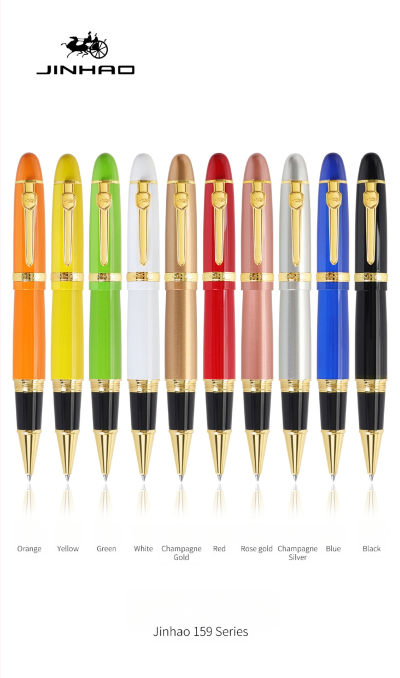 Jin Hao 159 sērijas irīdija parakstīšanas pildspalva, metāla korpuss, spirālveida tintes padeve, metāla uzgalis, drukāts logotips, pielāgošana