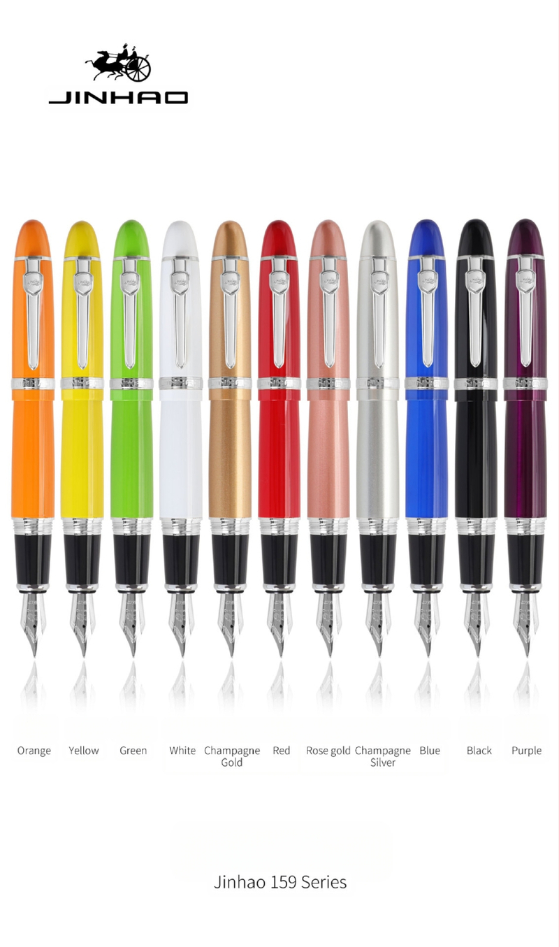 Jin Hao 159 sērijas irīdija parakstīšanas pildspalva, metāla korpuss, spirālveida tintes padeve, metāla uzgalis, drukāts logotips, pielāgošana