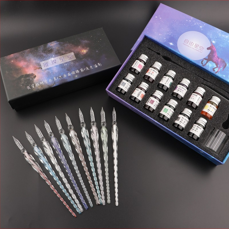 Set stilou din sticlă pentru cerneală – instrument de scris din sticlă cristal, gravură personalizată și logo imprimat, gata de cadou