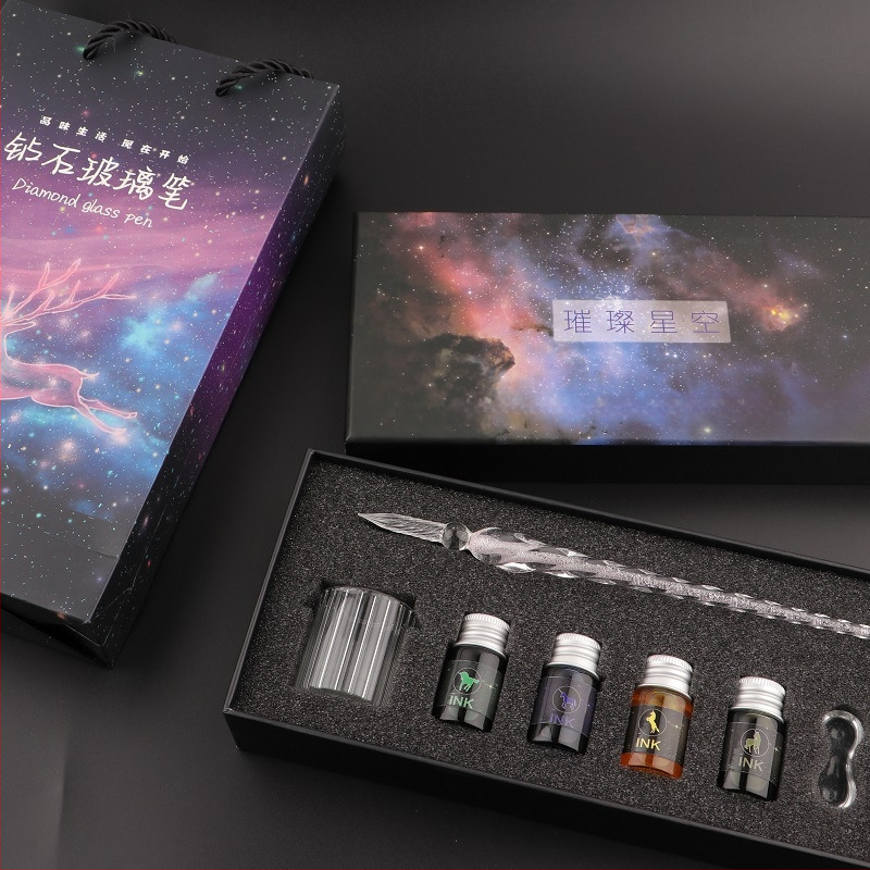 Set stilou din sticlă pentru cerneală – instrument de scris din sticlă cristal, gravură personalizată și logo imprimat, gata de cadou