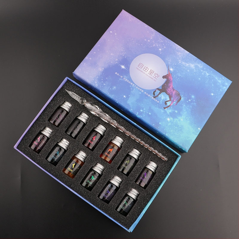 Set stilou din sticlă pentru cerneală – instrument de scris din sticlă cristal, gravură personalizată și logo imprimat, gata de cadou