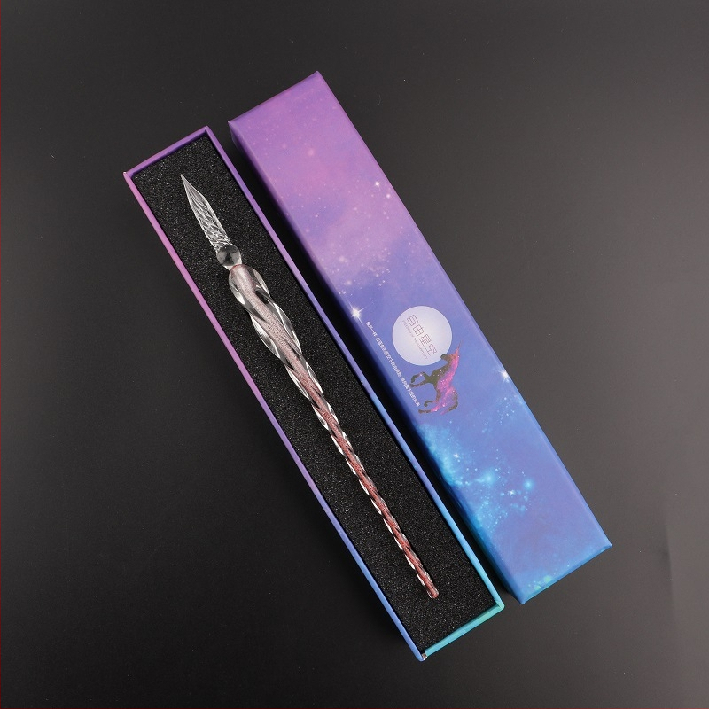 Set stilou din sticlă pentru cerneală – instrument de scris din sticlă cristal, gravură personalizată și logo imprimat, gata de cadou