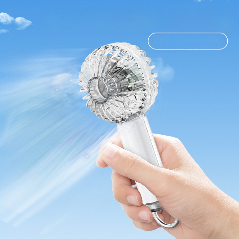 Prozirni ručni ventilator s hlađenjem ledom, ugrađena baterija 1000-1200 mAh, brushless motor s 3 brzine, 3.7V 5W