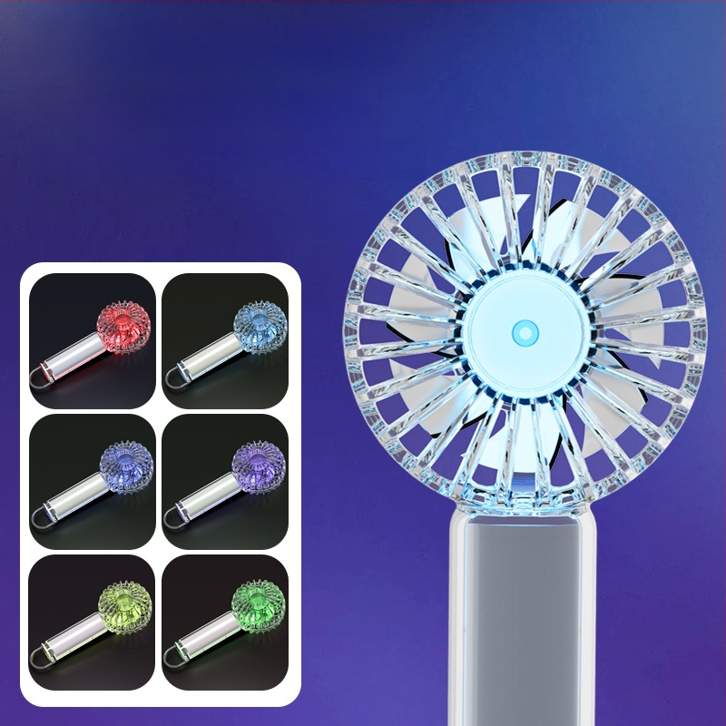 Prozirni ručni ventilator s hlađenjem ledom, ugrađena baterija 1000-1200 mAh, brushless motor s 3 brzine, 3.7V 5W