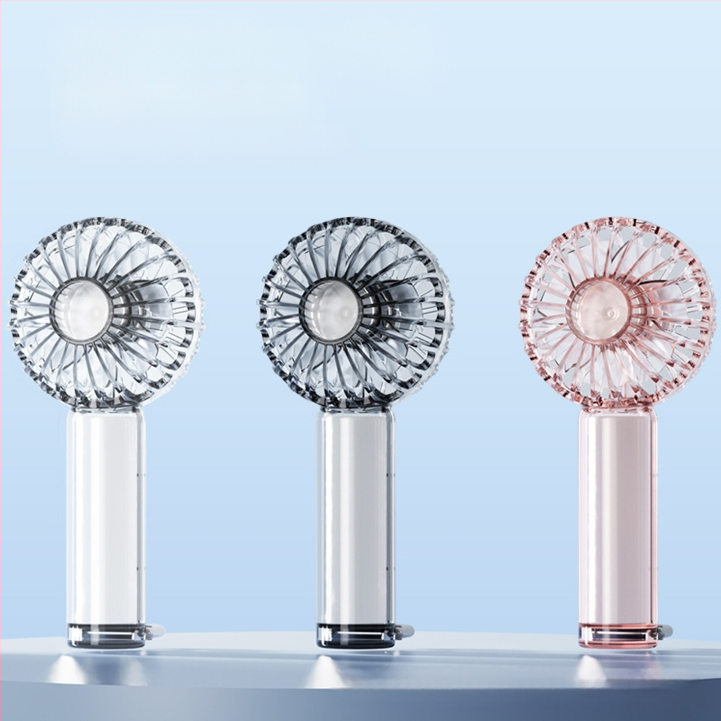 Prozirni ručni ventilator s hlađenjem ledom, ugrađena baterija 1000-1200 mAh, brushless motor s 3 brzine, 3.7V 5W