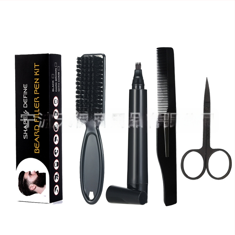 Set de îngrijire a bărbii cu stilou pentru barbă, stilou de umplere, perie, pieptene de modelare și foarfecă – periile din nailon, mâner din plastic, ambalare în cutie, 1 set, TIANYI