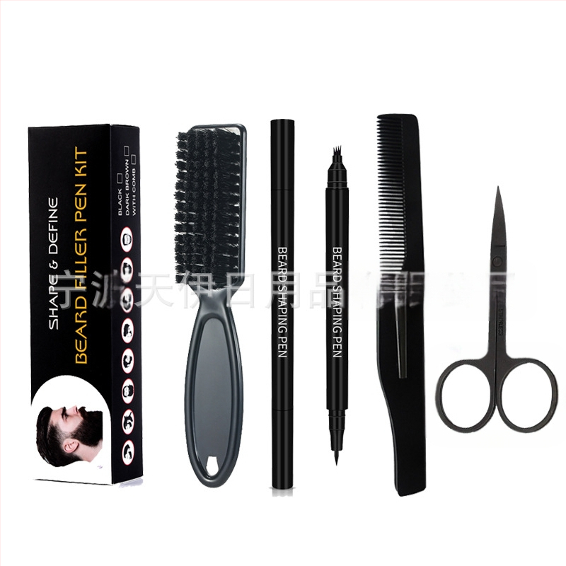 Set de îngrijire a bărbii cu stilou pentru barbă, stilou de umplere, perie, pieptene de modelare și foarfecă – periile din nailon, mâner din plastic, ambalare în cutie, 1 set, TIANYI