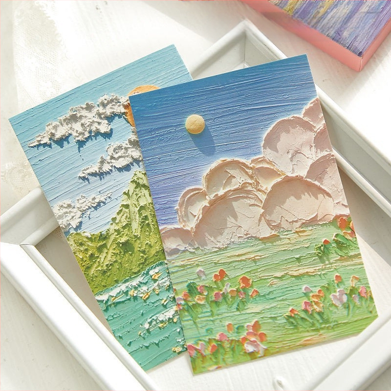 Promóciós postai üdvözlőlap pasztorális olajfestmény illusztrációval ünnepi üdvözletekhez; szokásos postai lapok; nem testreszabható.