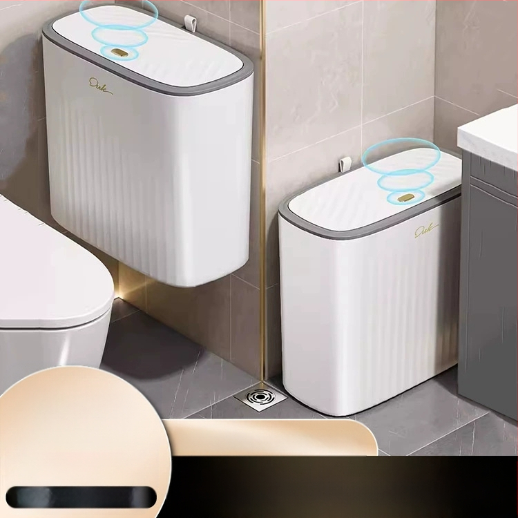 Plastmasas atkritumu tvertne ar nospiestamu atvērumu un pop-up vāku, 12 L vai vairāk, garu cilindrisku formu, mājas lietošanai