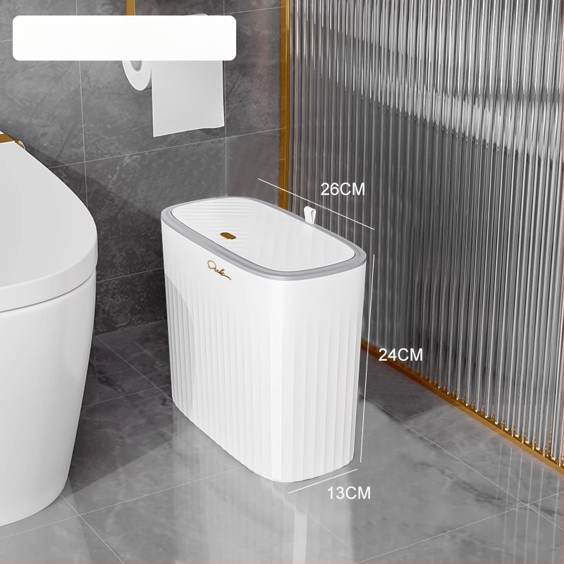 Plastmasas atkritumu tvertne ar nospiestamu atvērumu un pop-up vāku, 12 L vai vairāk, garu cilindrisku formu, mājas lietošanai